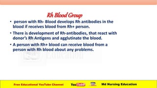 RhBloodGroup
• person with Rh- Blood develops Rh antibodies in the
blood if receives blood from Rh+ person.
• There is development of Rh-antibodies, that react with
donor’s Rh Antigens and agglutinate the blood.
• A person with Rh+ blood can receive blood from a
person with Rh blood about any problems.
Free Educational YouTube Channel Md Nursing Education
 