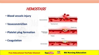 HEMOSTASIS
• Blood vessels injury
• Vasoconstriction
• Platelet plug formation
• Coagulation
Free Educational YouTube Channel Md Nursing Education
 