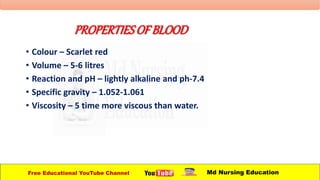 PROPERTIESOFBLOOD
• Colour – Scarlet red
• Volume – 5-6 litres
• Reaction and pH – lightly alkaline and ph-7.4
• Specific gravity – 1.052-1.061
• Viscosity – 5 time more viscous than water.
Free Educational YouTube Channel Md Nursing Education
 