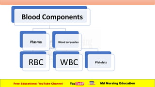 Free Educational YouTube Channel Md Nursing Education
Blood Components
Plasma Blood corpuscles
RBC WBC Platelets
 