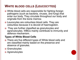 WHITE BLOOD CELLS (LEUCOCYTES)
 White blood cells are responsible for fighting foreign
pathogens (such as bacteria, viruses, and fungi) that
enter our body. They circulate throughout our body and
originate from the bone marrow.
 Leucocytes are colourless blood cells. They are
colourless because it is devoid of haemoglobin.
 They are further classified as granulocytes and
agranulocytes. WBCs mainly contribute to immunity and
defence mechanism.
Types of White Blood Cells
 There are five different types of White blood cells and
are classified mainly based on the presence and
absence of granules.
 Granulocytes
 Agranulocytes
 
