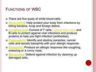 FUNCTIONS OF WBC
 There are five types of white blood cells:
 Neutrophils: Help protect your body from infections by
killing bacteria, fungi and foreign debris.
 Lymphocytes: Consist of T cells, natural killer cells and
B cells to protect against viral infections and produce
proteins to help you fight infection (antibodies).
 Eosinophils: Identify and destroy parasites, cancer
cells and assists basophils with your allergic response.
 Basophils: Produce an allergic response like coughing,
sneezing or a runny nose.
 Monocytes: Defend against infection by cleaning up
damaged cells.
 