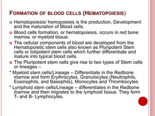 FORMATION OF BLOOD CELLS (HEMATOPOIESIS)
 Hematopoiesis/ hemopoiesis is the production, Development
and the maturation of Blood cells.
 Blood cells formation, or hematopoiesis, occurs in red bone
marrow, or myeloid tissue.
 The cellular components of blood are developed from the
Hematopoietic stem cells also known as Pluripotent Stem
cells or totipotent stem cells which further differentiate and
mature into typical blood cells.
 The Pluripotent stem cells give rise to two types of Stem cells
or lineages –
* Myeloid stem cells/Lineage – Differentiate in the Redbone
marrow and form Erythrocytes, Granulocytes (Neutrophils,
Eosinophils, and Basophils), Monocytes and Thrombocytes
* Lymphoid stem cells/Lineage – differentiates in the Redbone
marrow and then migrates to the lymphoid tissue. They form
T- and B- Lymphocytes.
 