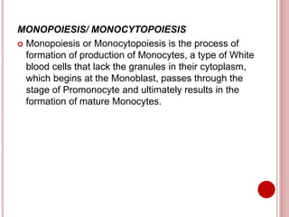 MONOPOIESIS/ MONOCYTOPOIESIS
 Monopoiesis or Monocytopoiesis is the process of
formation of production of Monocytes, a type of White
blood cells that lack the granules in their cytoplasm,
which begins at the Monoblast, passes through the
stage of Promonocyte and ultimately results in the
formation of mature Monocytes.
 