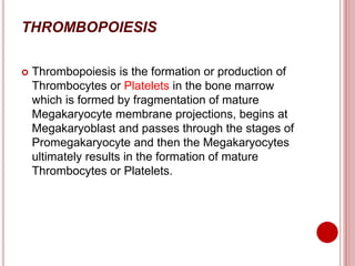 THROMBOPOIESIS
 Thrombopoiesis is the formation or production of
Thrombocytes or Platelets in the bone marrow
which is formed by fragmentation of mature
Megakaryocyte membrane projections, begins at
Megakaryoblast and passes through the stages of
Promegakaryocyte and then the Megakaryocytes
ultimately results in the formation of mature
Thrombocytes or Platelets.
 