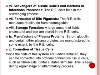  vi. Scavengers of Tissue Debris and Bacteria in
Infections Processes: The R.E. cells help in the
scavenging process.
 vii. Formation of Bile Pigments: The R.E. cells
manufacture bilirubin from haemoglobin.
 viii. Storage Function: A large amount of lipids,
cholesterol and iron are stored in the R.E. cells.
 ix. Manufacture of Plasma Proteins: Serum globulin
and certain other plasma proteins are manufactured, to
some extent, by the R.E. cells.
 x. Formation of Tissue Cells:
Since the cells of this system are undifferentiated, they
can be converted into ordinary connective tissue cells,
such as fibroblasts, under suitable stimulus. This is seen
during repair stage of inflammatory process.
 
