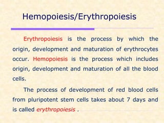 Hemopoiesis/Erythropoiesis
Erythropoiesis is the process by which the
origin, development and maturation of erythrocytes
occur. Hemopoiesis is the process which includes
origin, development and maturation of all the blood
cells.
The process of development of red blood cells
from pluripotent stem cells takes about 7 days and
is called erythropoiesis .
 