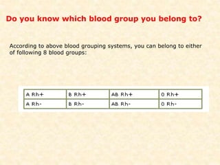 According to above blood grouping systems, you can belong to either
of following 8 blood groups:
Do you know which blood group you belong to?
 