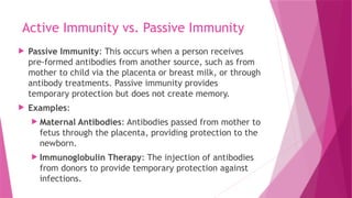 Active Immunity vs. Passive Immunity
 Passive Immunity: This occurs when a person receives
pre-formed antibodies from another source, such as from
mother to child via the placenta or breast milk, or through
antibody treatments. Passive immunity provides
temporary protection but does not create memory.
 Examples:
 Maternal Antibodies: Antibodies passed from mother to
fetus through the placenta, providing protection to the
newborn.
 Immunoglobulin Therapy: The injection of antibodies
from donors to provide temporary protection against
infections.
 
