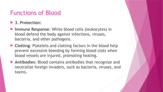Functions of Blood
 3. Protection:
 Immune Response: White blood cells (leukocytes) in
blood defend the body against infections, viruses,
bacteria, and other pathogens.
 Clotting: Platelets and clotting factors in the blood help
prevent excessive bleeding by forming blood clots when
blood vessels are injured, promoting healing.
 Antibodies: Blood contains antibodies that recognize and
neutralize foreign invaders, such as bacteria, viruses, and
toxins.
 