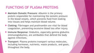FUNCTIONS OF PLASMA PROTEINS
 Maintain Osmotic Pressure: Albumin is the primary
protein responsible for maintaining the osmotic pressure
in the blood vessels, which prevents fluid from leaking
into tissues and helps maintain blood volume.
 Clotting: Fibrinogen and prothrombin are vital for blood
coagulation, preventing excessive blood loss after injury.
 Immune Response: Globulins, especially gamma globulins
(immunoglobulins), are antibodies that defend the body
against infections.
 Transport: Plasma proteins transport various molecules,
including hormones, nutrients, waste products, and gases,
throughout the body.
 