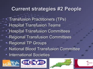Current strategies #2 PeopleCurrent strategies #2 People
• Transfusion Practitioners (TPs)Transfusion Practitioners (TPs)
• Hospital Transfusion TeamsHospital Transfusion Teams
• Hospital Transfusion CommitteesHospital Transfusion Committees
• Regional Transfusion CommitteesRegional Transfusion Committees
• Regional TP GroupsRegional TP Groups
• National Blood Transfusion CommitteeNational Blood Transfusion Committee
• International SocietiesInternational Societies
 