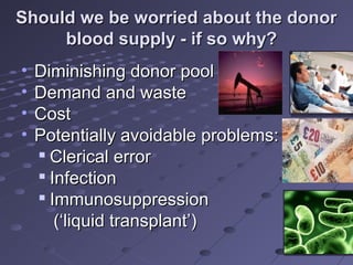 Should we be worried about the donorShould we be worried about the donor
blood supply - if so why?blood supply - if so why?
• Diminishing donor poolDiminishing donor pool
• Demand and wDemand and wasteaste
• CostCost
• Potentially avoidable problems:Potentially avoidable problems:

Clerical errorClerical error

InfectionInfection

ImmunosuppressionImmunosuppression
(‘liquid transplant’)(‘liquid transplant’)
 