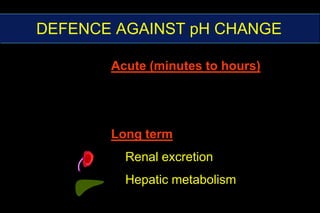 DEFENCE AGAINST pH CHANGEAcute (minutes to hours)Long termRenal excretionHepatic metabolism