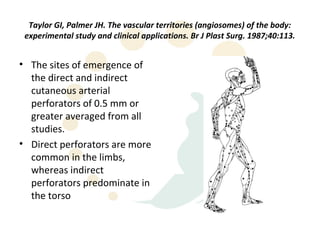 Taylor GI, Palmer JH. The vascular territories (angiosomes) of the body:
 experimental study and clinical applications. Br J Plast Surg. 1987;40:113.


• The sites of emergence of
  the direct and indirect
  cutaneous arterial
  perforators of 0.5 mm or
  greater averaged from all
  studies.
• Direct perforators are more
  common in the limbs,
  whereas indirect
  perforators predominate in
  the torso
 