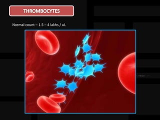 Normal count – 1.5 – 4 lakhs / uL
 