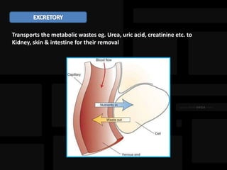 Transports the metabolic wastes eg. Urea, uric acid, creatinine etc. to
Kidney, skin & intestine for their removal
 