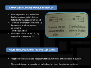 • Plasma protein acts as buffers
• Buffering capacity is 1/6 th of
total buffering capacity of blood
• They are amphoteric in nature i.e
behaves as acids or bases –
depending
on the condition
• Maintains blood pH at 7.4 , by
accepting or donating H+
• Trephone substances are necessary for nourishment of tissue cells in culture
• These substances are produced by leukocytes from the plasma proteins
 