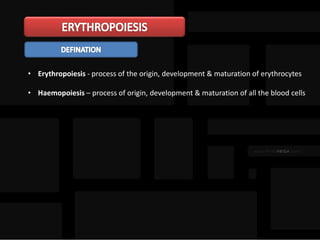 • Erythropoiesis - process of the origin, development & maturation of erythrocytes
• Haemopoiesis – process of origin, development & maturation of all the blood cells
 