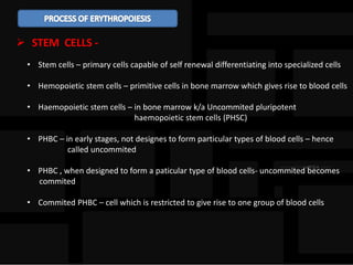  STEM CELLS -
• Stem cells – primary cells capable of self renewal differentiating into specialized cells
• Hemopoietic stem cells – primitive cells in bone marrow which gives rise to blood cells
• Haemopoietic stem cells – in bone marrow k/a Uncommited pluripotent
haemopoietic stem cells (PHSC)
• PHBC – in early stages, not designes to form particular types of blood cells – hence
called uncommited
• PHBC , when designed to form a paticular type of blood cells- uncommited becomes
commited
• Commited PHBC – cell which is restricted to give rise to one group of blood cells
 