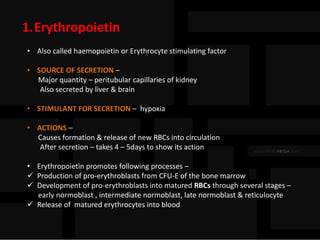 1.Erythropoietin
• Also called haemopoietin or Erythrocyte stimulating factor
• SOURCE OF SECRETION –
Major quantity – peritubular capillaries of kidney
Also secreted by liver & brain
• STIMULANT FOR SECRETION – hypoxia
• ACTIONS –
Causes formation & release of new RBCs into circulation
After secretion – takes 4 – 5days to show its action
• Erythropoietin promotes following processes –
 Production of pro-erythroblasts from CFU-E of the bone marrow
 Development of pro-erythroblasts into matured RBCs through several stages –
early normoblast , intermediate normoblast, late normoblast & reticulocyte
 Release of matured erythrocytes into blood
 
