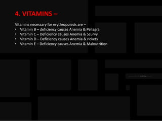 4. VITAMINS –
Vitamins necessary for erythropoiesis are –
• Vitamin B – deficiency causes Anemia & Pellagra
• Vitamin C – Deficiency causes Anemia & Scurvy
• Vitamin D – Deficiency causes Anemia & rickets
• Vitamin E – Deficiency causes Anemia & Malnutrition
 