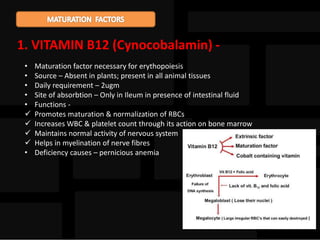 1. VITAMIN B12 (Cynocobalamin) -
• Maturation factor necessary for erythopoiesis
• Source – Absent in plants; present in all animal tissues
• Daily requirement – 2ugm
• Site of absorbtion – Only in Ileum in presence of intestinal fluid
• Functions -
 Promotes maturation & normalization of RBCs
 Increases WBC & platelet count through its action on bone marrow
 Maintains normal activity of nervous system
 Helps in myelination of nerve fibres
• Deficiency causes – pernicious anemia
 