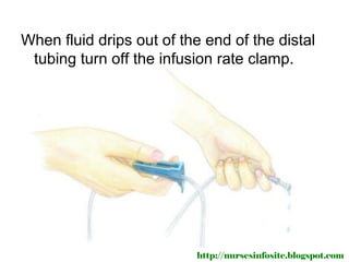When fluid drips out of the end of the distal
 tubing turn off the infusion rate clamp.




                          http://nursesinfosite.blogspot.com
 