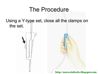 The Procedure
Using a Y-type set, close all the clamps on
 the set.




                         http://nursesinfosite.blogspot.com
 