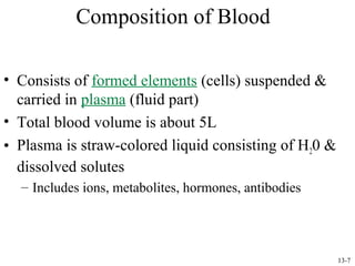 Composition of Blood
• Consists of formed elements (cells) suspended &
carried in plasma (fluid part)
• Total blood volume is about 5L
• Plasma is straw-colored liquid consisting of H20 &
dissolved solutes
– Includes ions, metabolites, hormones, antibodies

13-7

 