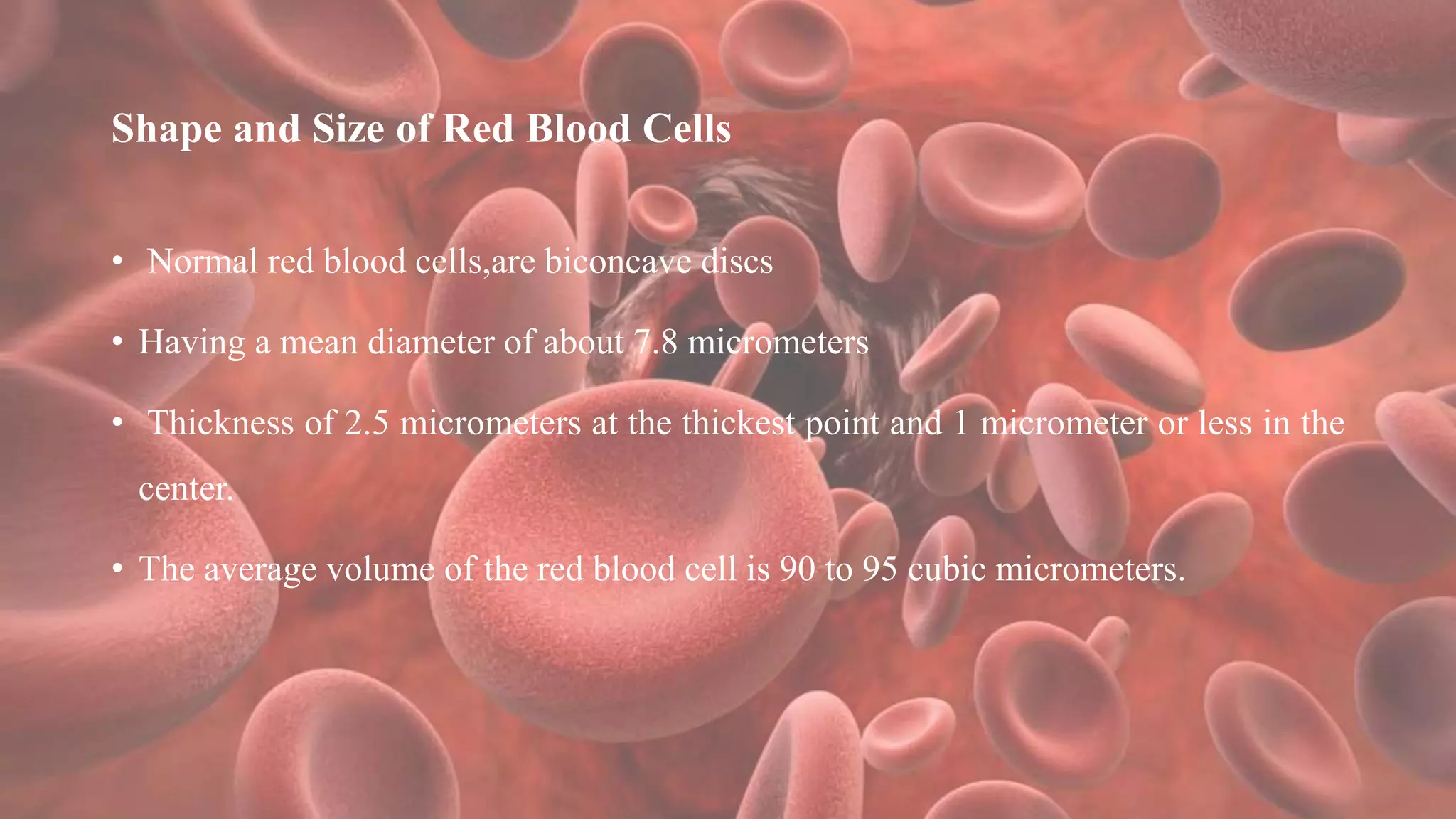 Shape and Size of Red Blood Cells
• Normal red blood cells,are biconcave discs
• Having a mean diameter of about 7.8 micrometers
• Thickness of 2.5 micrometers at the thickest point and 1 micrometer or less in the
center.
• The average volume of the red blood cell is 90 to 95 cubic micrometers.
 