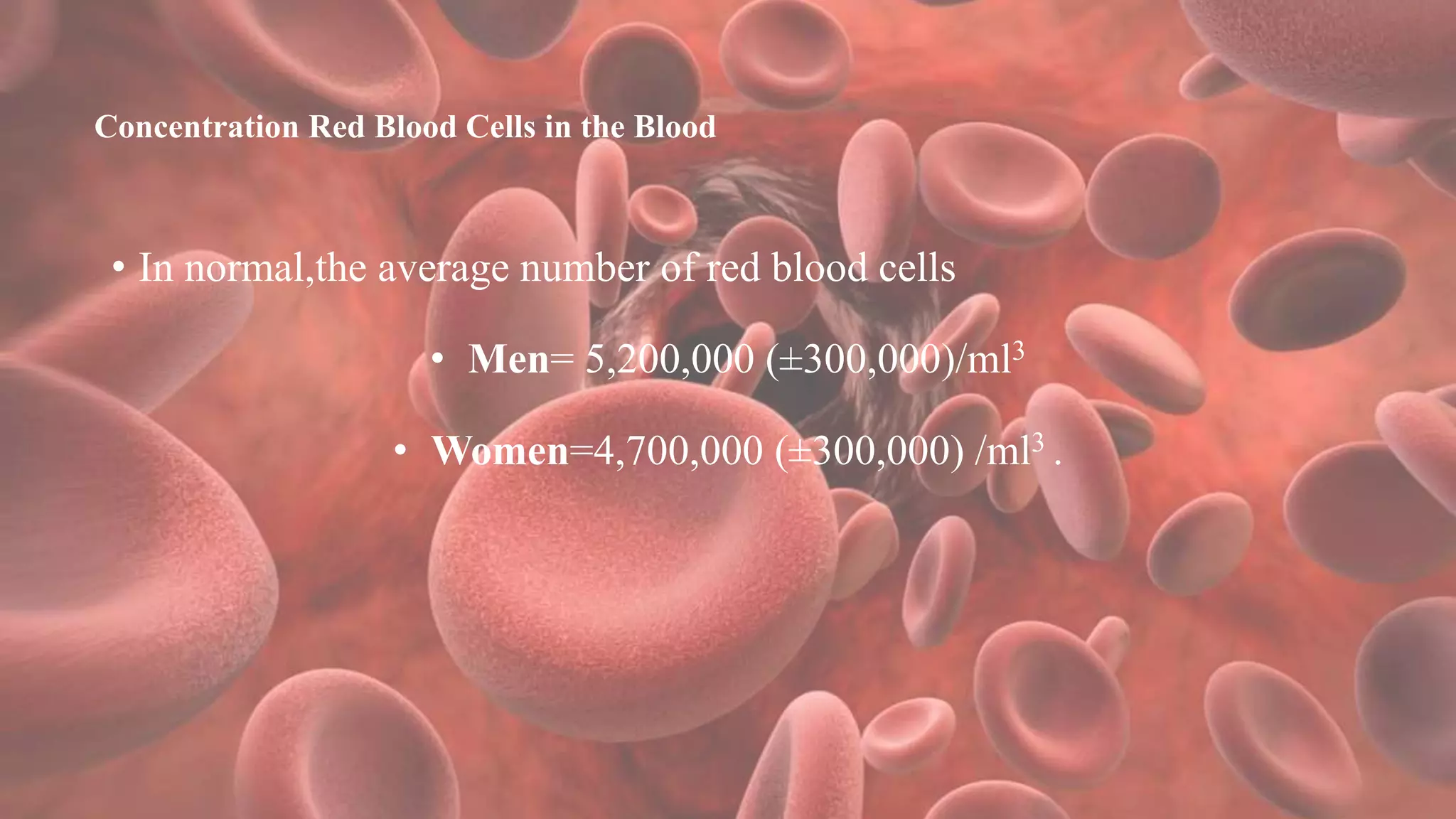 Concentration Red Blood Cells in the Blood
• In normal,the average number of red blood cells
• Men= 5,200,000 (±300,000)/ml3
• Women=4,700,000 (±300,000) /ml3 .
 