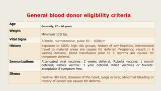 Age
Generally, 17 – 66 years
Weight
Minimum 110 lbs.
Vital Signs
Afebrile, normotensive, pulse 50 – 100b/m
History Exposure to AIDS; high risk groups, history of any hepatitis, international
travel to malarial areas are causes for deferral. Pregnancy, recent (‹ 6
weeks) delivery, blood transfusion prior to 6 months are causes for
temporary deferral.
Immunizations Attenuated viral vaccines: 2 weeks deferral; Rubella vaccine: 1 month
deferral; Rabies vaccine: 1 year deferral. Killed vaccines or toxoids:
acceptable if symptom free.
Illness
Positive HIV test; diseases of the heart, lungs or liver, abnormal bleeding or
history of cancer are causes for deferral.
 