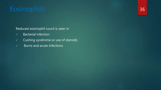 Eosinophils
Reduced eosinophil count is seen in
 Bacterial infection
 Cushing syndrome or use of steroids
 Burns and acute infections
36
 