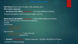 Blood composition
55% Plasma (fluid matrix of water, salts, proteins, etc.)
45% Cellular elements:
 Red Blood Cells (RBCs) (Erythrocytes) : 5-6 million RBCs/ml of blood.
Contain hemoglobin which transport oxygen and CO2.
White Blood Cells (WBCs) (Leukocytes) : 5,000-10,000 WBCs/ml of blood.
Play an essential role in immunity and defense.
Include:
Granulocytes
• Neutrophils 40-70%
• Eosinophil's 0-1%
• Basophils 1-5%
Agranulocytes
• Lymphocytes 25-40% T cells and B cells
• Monocyte 2-8% (phagocytes)
 Platelets (Thrombocytes) : Cellular fragments, 250,000- 400,000/ml of blood.
Important in blood clotting.
 