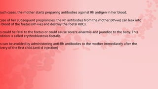such cases, the mother starts preparing antibodies against Rh antigen in her blood.
case of her subsequent pregnancies, the Rh antibodies from the mother (Rh-ve) can leak into
e blood of the foetus (Rh+ve) and destroy the foetal RBCs.
is could be fatal to the foetus or could cause severe anaemia and jaundice to the baby. This
ndition is called erythroblastosis foetalis.
is can be avoided by administering anti-Rh antibodies to the mother immediately after the
livery of the first child.(anti-d injection)
 