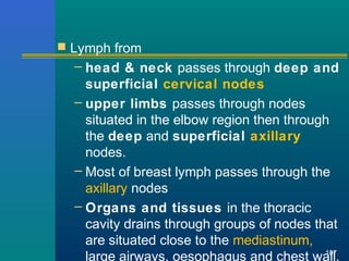  Lymph from
– head & neck passes through deep and
superficial cervical nodes
– upper limbs passes through nodes
situated in the elbow region then through
the deep and superficial axillary
nodes.
– Most of breast lymph passes through the
axillary nodes
– Organs and tissues in the thoracic
cavity drains through groups of nodes that
are situated close to the mediastinum,
large airways, oesophagus and chest wall.107
 
