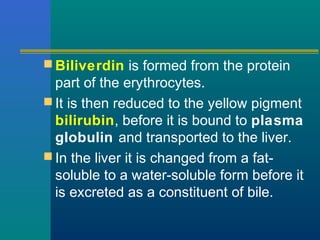  Biliverdin is formed from the protein
part of the erythrocytes.
 It is then reduced to the yellow pigment
bilirubin, before it is bound to plasma
globulin and transported to the liver.
 In the liver it is changed from a fat-
soluble to a water-soluble form before it
is excreted as a constituent of bile.
 