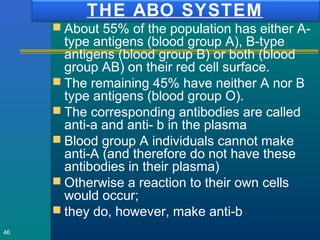 THE ABO SYSTEM
 About 55% of the population has either A-
type antigens (blood group A), B-type
antigens (blood group B) or both (blood
group AB) on their red cell surface.
 The remaining 45% have neither A nor B
type antigens (blood group O).
 The corresponding antibodies are called
anti-a and anti- b in the plasma
 Blood group A individuals cannot make
anti-A (and therefore do not have these
antibodies in their plasma)
 Otherwise a reaction to their own cells
would occur;
 they do, however, make anti-b
46
 