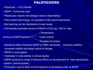 PALSTICIZERS 
• Plasticizer → PVC flexible 
• DEHP - Commonly used 
• Plasticizers migrate into biologic medium (leachabil...