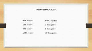 TYPES OF BLOOD GROUP
O Rh-positive O Rh – Negative
A Rh-positive A Rh-negative
B Rh-positive B Rh-negative
AB Rh-positive AB Rh-negative
 