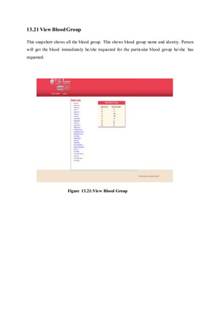 13.21 View BloodGroup
This snapshort shows all the blood group. This shows blood group name and identiy. Person
will get the blood immediately he/she requested for the particular blood group he/she has
requested.
Figure 13.21:View Blood Group
 