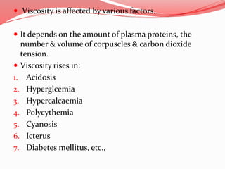  Viscosity is affected by various factors.
 It depends on the amount of plasma proteins, the
number & volume of corpuscles & carbon dioxide
tension.
 Viscosity rises in:
1. Acidosis
2. Hyperglcemia
3. Hypercalcaemia
4. Polycythemia
5. Cyanosis
6. Icterus
7. Diabetes mellitus, etc.,
 