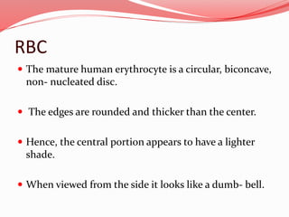 RBC
 The mature human erythrocyte is a circular, biconcave,
non- nucleated disc.
 The edges are rounded and thicker than the center.
 Hence, the central portion appears to have a lighter
shade.
 When viewed from the side it looks like a dumb- bell.
 