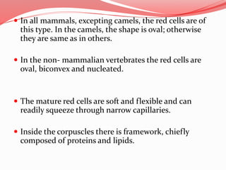  In all mammals, excepting camels, the red cells are of
this type. In the camels, the shape is oval; otherwise
they are same as in others.
 In the non- mammalian vertebrates the red cells are
oval, biconvex and nucleated.
 The mature red cells are soft and flexible and can
readily squeeze through narrow capillaries.
 Inside the corpuscles there is framework, chiefly
composed of proteins and lipids.
 