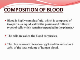 COMPOSITION OF BLOOD
 Blood is highly complex fluid, which is composed of
two parts – a liquid, called the plasma and different
types of cells which remain suspended in the plasma.3
 The cells are called the blood corpuscles.
 The plasma constitutes about 55% and the cells about
45%, of the total volume of human blood.
 