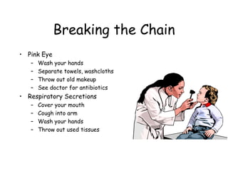 Breaking the Chain
• Pink Eye
– Wash your hands
– Separate towels, washcloths
– Throw out old makeup
– See doctor for antibiotics
• Respiratory Secretions
– Cover your mouth
– Cough into arm
– Wash your hands
– Throw out used tissues
 