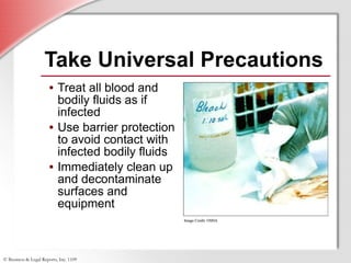 Take Universal Precautions Treat all blood and bodily fluids as if infected Use barrier protection to avoid contact with infected bodily fluids Immediately clean up and decontaminate surfaces and equipment Image Credit: OSHA 