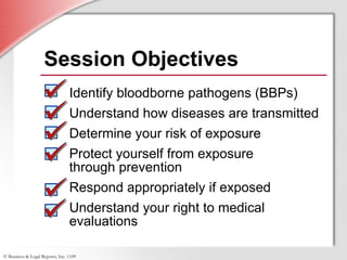 Session Objectives Identify bloodborne pathogens (BBPs) Understand how diseases are transmitted Determine your risk of exposure Protect yourself from exposure  through prevention Respond appropriately if exposed Understand your right to medical  evaluations 