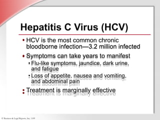Hepatitis C Virus (HCV) HCV is the most common chronic bloodborne infection—3.2 million infected Symptoms can take years to manifest Flu-like symptoms, jaundice, dark urine,  and fatigue Loss of appetite, nausea and vomiting,  and abdominal pain Treatment is marginally effective HCV is the most common chronic bloodborne infection—3.2 million infected Symptoms can take years to manifest Flu-like symptoms, jaundice, dark urine,  and fatigue Loss of appetite, nausea and vomiting,  and abdominal pain Treatment is marginally effective 